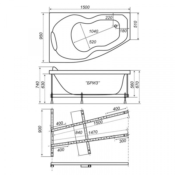 Ванна акриловая Triton БРИЗ  150x95 см. правая 
