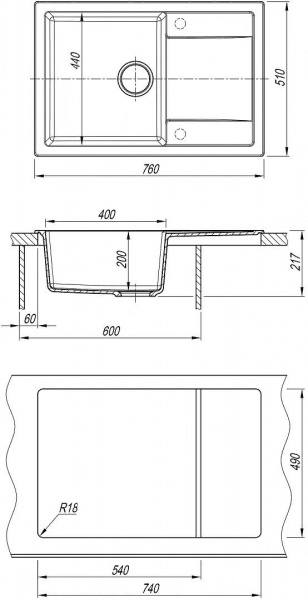 Мойка кухонная из литьевого мрамора Dr. Gans ТЕХНО 760 25.030.D0760.405 76*51 см. терра