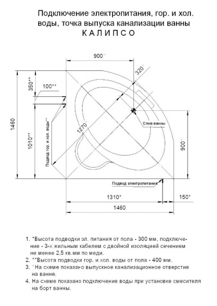 Ванна акриловая Aquatek КАЛИПСО  146x146 см. 