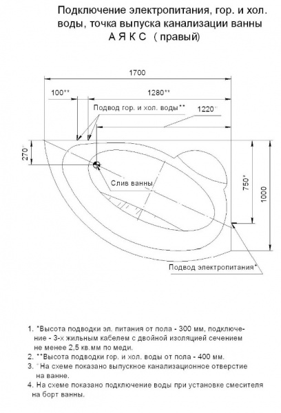 Ванна акриловая Aquatek АЯКС  170x110 см. правая 