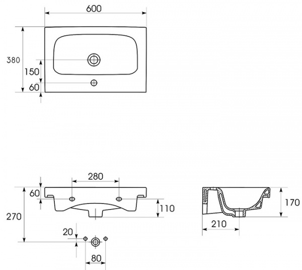 Раковина Cersanit MODUO SLIM S-UM-MOD60SL/1 60  Раковина Cersanit MODUO SLIM S-UM-MOD60SL/1 60